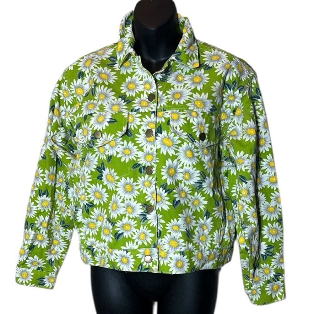 Gidget vintage women’s medium denim jacket green daisy floral flower power